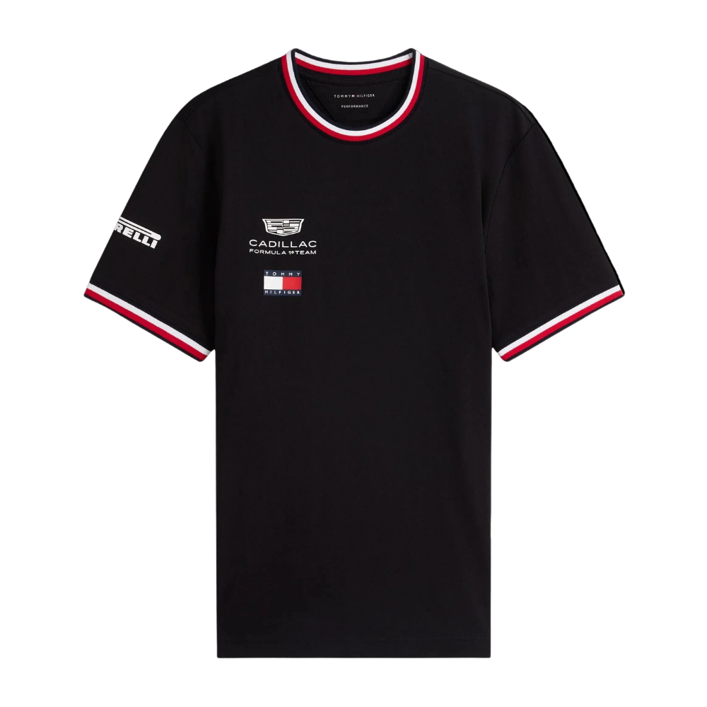 Black t-shirt with Cadillac and Tommy Hilfiger logos on a white background