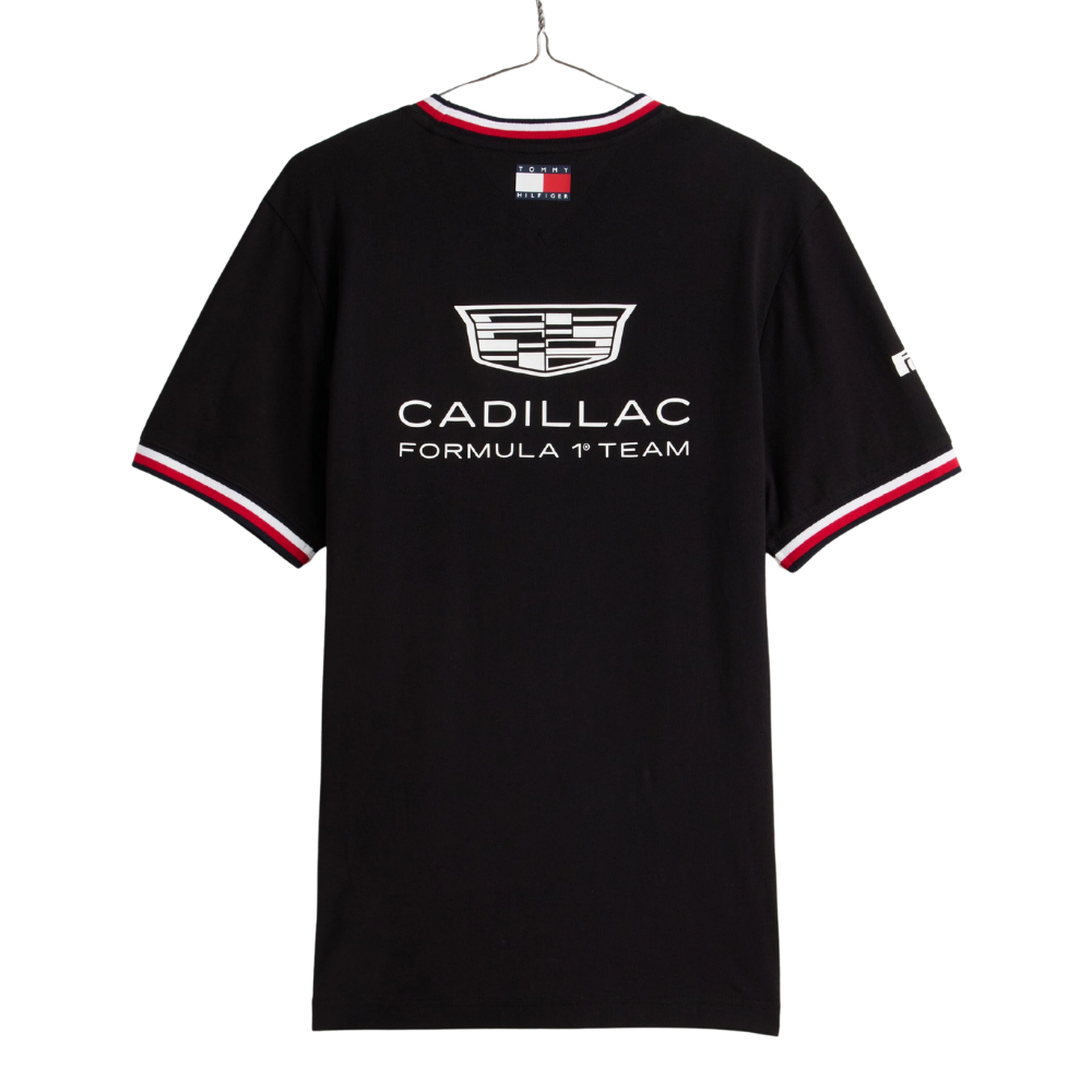 Black t-shirt with Cadillac logo and text on a white background