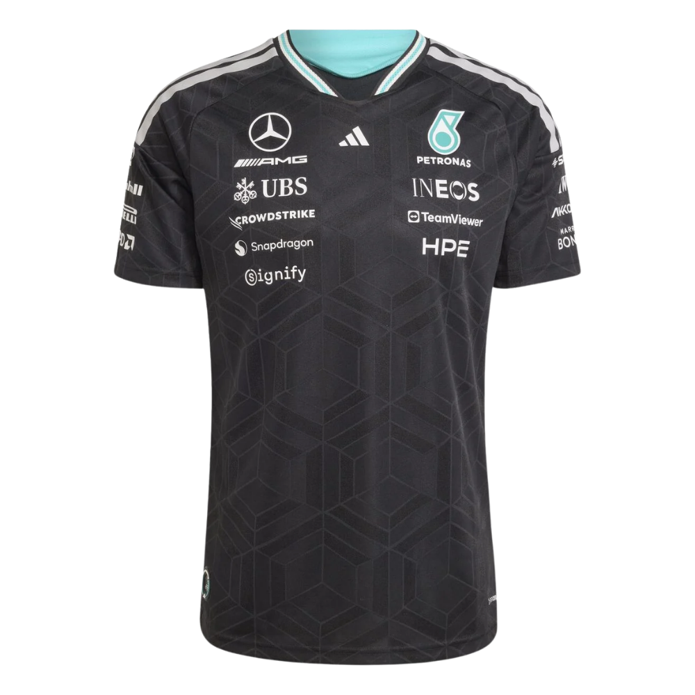 Black sports jersey with various sponsor logos on a white background