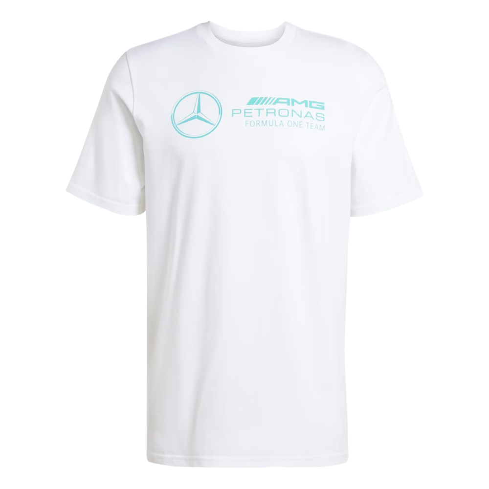 White t-shirt with Mercedes AMG Petronas logo on a white background