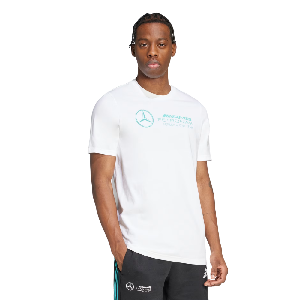 Man wearing a white Mercedes-Benz t-shirt on a white background