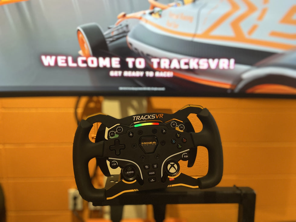 Moza R3 bundle with formula wheel mod on a racing simulator at TracksVR virtual racing