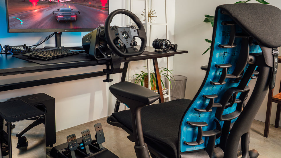 Computer desk with Logitech G920 setup