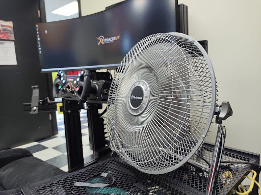 Driver cooling fan on a sim-rig at TracksVR