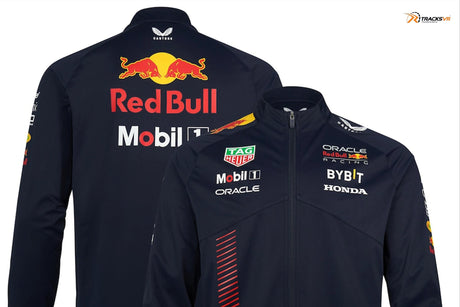 Product image showing front and back of the Red Bull Racing F1 Men's 2024 Team Full Zip Hoodie in navy