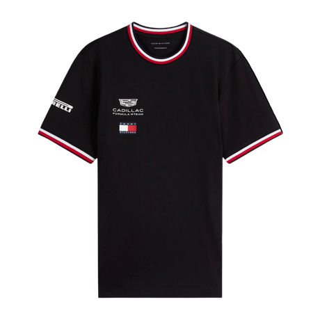 Black t-shirt with Cadillac and Tommy Hilfiger logos on a white background