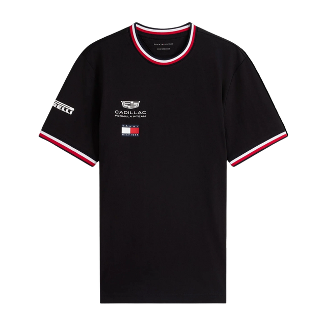 Black t-shirt with Cadillac and Tommy Hilfiger logos on a white background