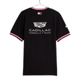 Black t-shirt with Cadillac logo and text on a white background
