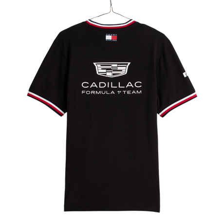 Black t-shirt with Cadillac logo and text on a white background