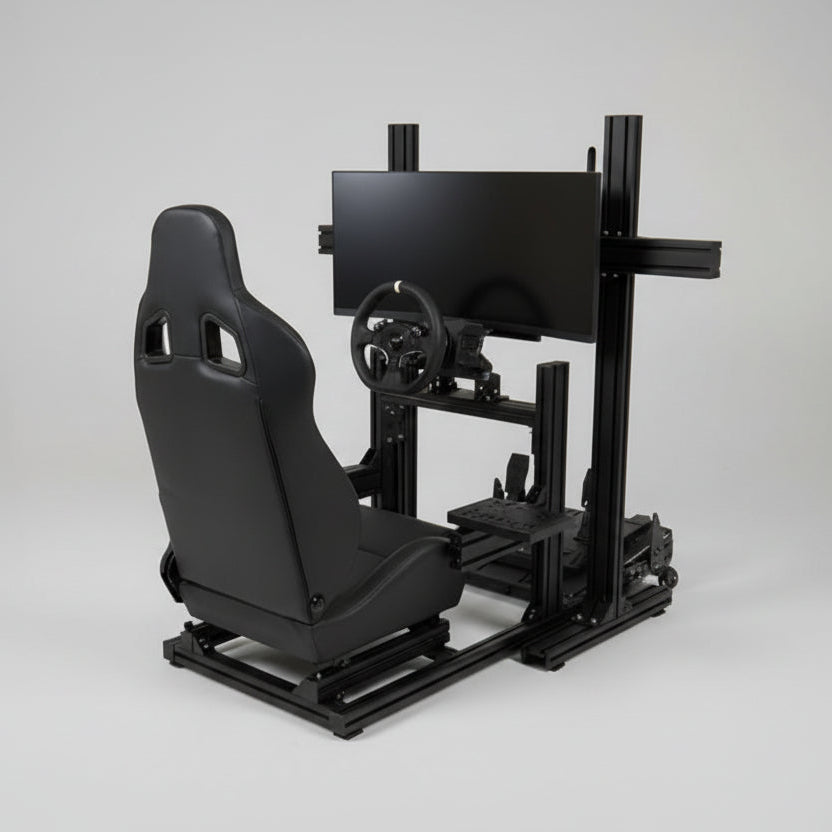 Black gaming chair with monitor stand on a gray background