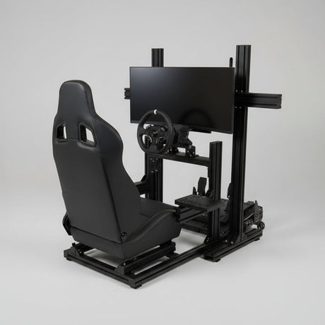 Black gaming chair with monitor stand on a gray background