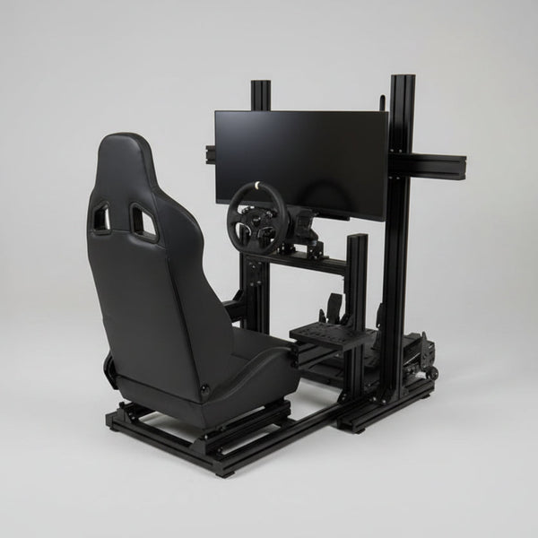 Black gaming chair with monitor stand on a gray background