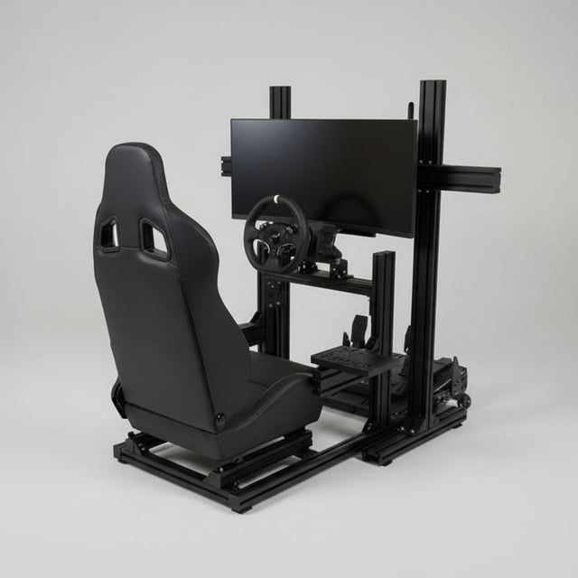 Black gaming chair with monitor stand on a gray background