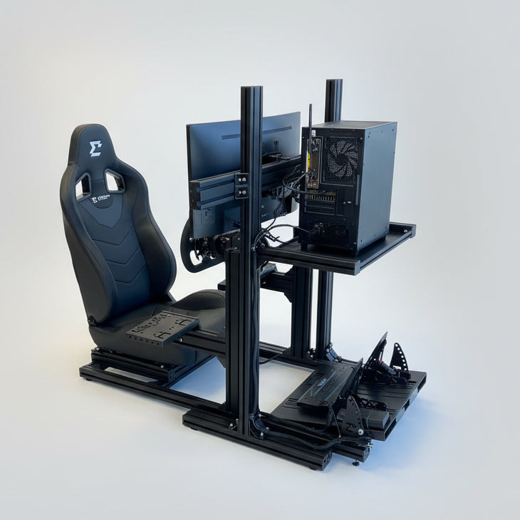 Gaming chair and computer setup in a store with various items in the background.